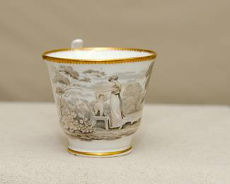 Detail on an 18th Century Cup, Hand Painted en Grisaille with Gilt Trim