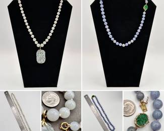 A 14k yellow gold and jade beaded necklace with carved pierced jade pendant, and a 14k yellow gold and jade bead necklace with a jade carved "Chinese knot" clasp