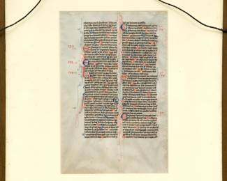 Reverse side (verso) of the framed page from the The Biblia Sacra Latina (21.2 x 14.5 cm) written in brown ink in a neat, highly compressed quadratus Gothic bookhand in 49 double-columned lines per side on thin, smooth, cream-colored vellum. It was produced by the “Alexander atelier” in Paris, between 1220-1230. Recto: psalms 124-131, vulgate numbering, Verso: psalms 132-138, vulgate numbering