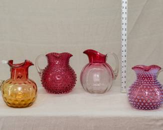 Antique American Art Glass Water Pitchers in Amberina, Cranberry Hobnail, Rubina Glass, and Opalescent Cranberry Hobnail patterns