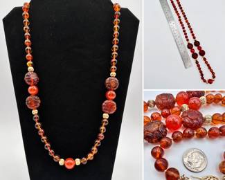 14k gold and Chinese carved amber and carnelian color beaded necklace, glowing rich honey color amber beads, Chinese characters carved in the large amber beads 