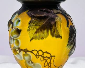 Another view of the signed Emile Gallé cameo glass vase, yellow with greenish brown leaves and white fruit on vines. Circa 1908-1920.