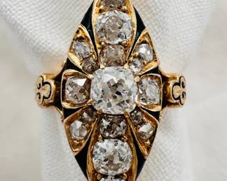 Closeup view of the antique gold and diamond navette ring
