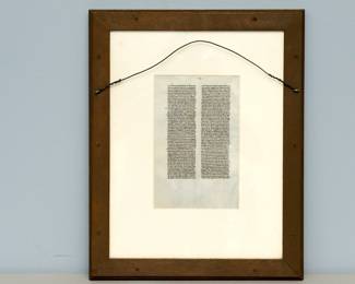Another view of the framed leaf from a 13th century The Biblia Sacra Latina – This leaf (14 x 22 cm) from the Latin Bible is written in double columns, 55 lines per page, in a black ink in a minute, precise Gothic bookhand, on thin, flawless ivory-colored uterine vellum. It was produced by the “Blanche atelier” in Paris, ca. 1220.