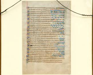 Reverse side of the page from a Latin Psalter (27.5 cm x 17.5 cm overall, 19 cm x 12.7 cm justified) written in brown ink in a neat, clear quadratus Gothic bookhand in 30 single-columned lines per page on vellum. It was produced in Suffolk, perhaps at Bury-St. Edumunds, ca. 1290-1310.