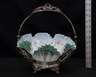 19th century ruffled art glass bowl bride's basket with silver plated basket handle stand