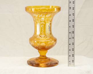 Finely made Bohemian art glass vase in amber cut to clear.