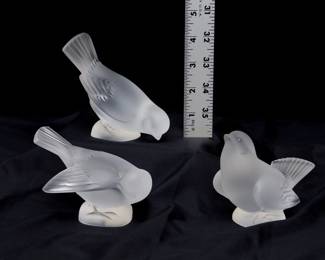 A trio of Lalique France frosted crystal sparrow figurines in different postures