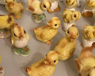 Many vintage chick and duckling figurines, vintage Easter decorations