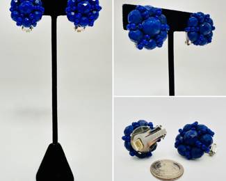 Pair of vintage Hobé cobalt blue glass bead clip earrings