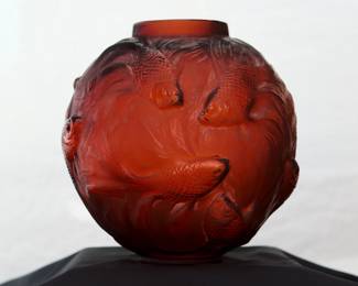 Signed 'Formose' Lalique glass vase by René Lalique circa 1924-1929. Spherical design features elegant koi fish intertwined upon its surface with an excellent tactile finish. Intaglio of R. LALIQUE and hand-inscribed "R. Lalique France". Lalique displayed a Formose vase during the 1925 Exposition – the work of René Lalique has been universally hailed as representing the most chic and sophisticated qualities of French Art Deco styles.