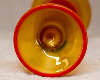 Closeup of 1920s Co-Operative Flint Glass Co Sunset Amberina Trumpet Vase 10”