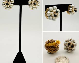 Miriam Haskell signed faux pearl, black bead and rhinestone cluster clip on earrings