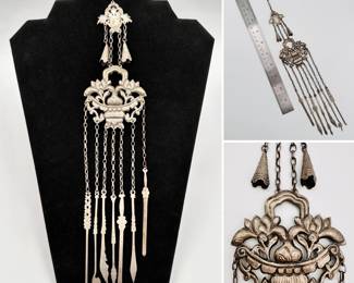 A Chinese silver grooming tool chatelaine also called an opium chatelaine