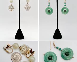 A pair of carved jade "shou" character jade dangle clip earrings, and a pair of jade disc and and bead dangle pierced earrings