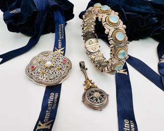 Konstantino Treasures 18k gold and sterling silver multi-gem brooch, and a Konstantino Treasures 18k gold and sterling silver bracelet with Amphitrite or moonstone cabochons