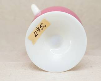 (Please note this photo includes an old price tag from when our client originally purchased the piece, and does not reflect the current sale price.) Another view of the antique Stueben Rosaline art glass vase with applied alabaster glass handles and foot, circa 1910