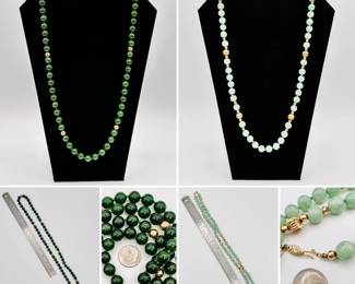 Classic jade bead necklaces with gold spacer beads; one in deep rich green, one in pale cloudy apple green