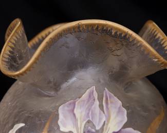 Closeup of the antique Mont Joye Legras art glass vase, acid etched and enameled with iris flowers and leaves; marked on the base with the Mont Joye L C (Legras et Cie)