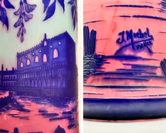 Closeups of the J. Michel Paris cameo glass landscape vase circa 1925, beautifully overlaid and acid etched with sailing boats and gondolas (Venice?) in lagoon, seen through wisteria vines; signed in cameo J.Michel Paris