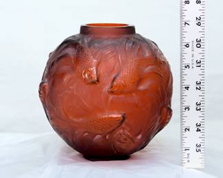 (shown with ruler for scale) Signed 'Formose' Lalique glass vase by René Lalique circa 1924-1929. Spherical design features elegant koi fish intertwined upon its surface with an excellent tactile finish. Intaglio of R. LALIQUE and hand-inscribed 'R. Lalique France'. Lalique displayed a Formose vase during the 1925 Exposition – the work of René Lalique has been universally hailed as representing the most chic and sophisticated qualities of French Art Deco styles.