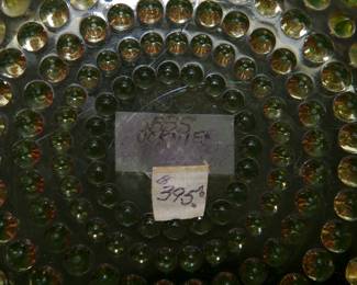 (Please note this photo includes an old price tag from when our client originally purchased the piece, and does not reflect the current sale price.) Another view of the 19th century Hobbs, Brockunier rubina verde hobnail glass bowl or 'wedding basket' in an Art Nouveau style metal stand