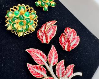 Closer view of beautiful enameled, beaded, and rhinestone brooch and earring sets