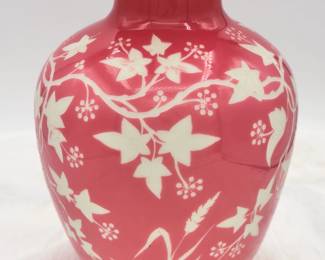 Another view of the beautiful cameo carved art glass vase, cased glass of warm rosy pink over white and carved with trailing ivy vines
