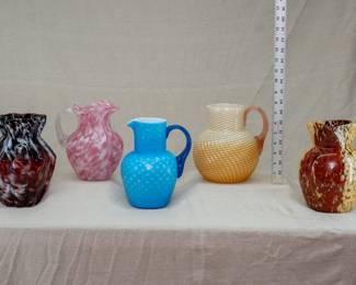 Gorgeous Antique American Art Glass Water Pitchers in Spatterware, Cased Blue and White Glass, and an Amazing Reverse Swirl Cased Glass Pitcher!