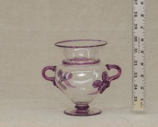 Steuben Glass vase, colorless with applied amethyst glass handles and band of amethyst glass at collar, rim and foot rim