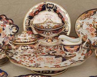 Another view of the 18th and 19th century Crown Derby Imari 'Kings' pattern porcelain, including tea cups and coffee cups with saucers, teapot, coffee cups, footed large serving platter/lazy susan, lidded sauceboat with tray, creamer, sugar, serving bowls and platters, and a footed compote or fruit stand