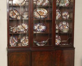 Superb Chippendale Style Mahogany Breakfront or China Cabinet filled with Various Pieces of Antique Crown Derby Imari Porcelains