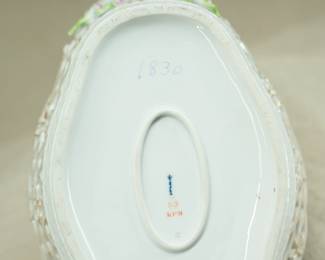 Another view of the superb signed antique KPM German openwork basket made of hand painted, partly gilded porcelain