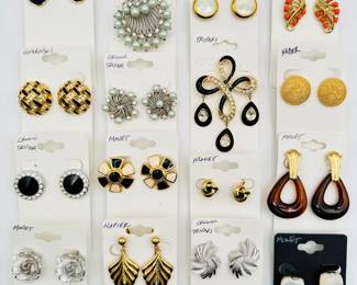 Costume jewelry earrings and brooches from Crown Trifari, Napier, Monet, Swarovski, Trifari