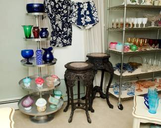 Two Tall Carved Chinese Tables with Marble Inset Tops, Wonderful OLD Hawaiian Shirt and Matching Short Set, and Multiple Antique Jack-in-the-Pulpit Vases