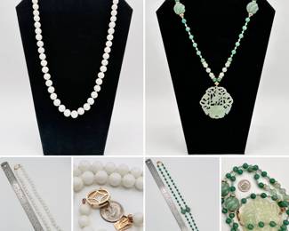 A 14k yellow gold and white mutton fat jade beaded necklace, and a Chinese jade beaded necklace with two larger carved accent beads and a large carved pierced jade pendant