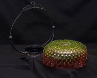 Another view of the 19th century Hobbs, Brockunier rubina verde hobnail glass bowl or 'bride's basket' in an Art Nouveau style metal stand