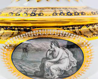 Closeup of one of two panels depicting the figure of "Hope" on the side of the rare Worcester Porcelain (Flight) lidded sauce tureen with underplate from the ‘Hope service’ circa 1792, signed with blue crowned script Flight and open crescent marks, painted by John Pennington. The celebrated 'Hope' service was commissioned by the Duke of Clarence and St Andrews (later King William IV), in January 1790, and was completed just over a year later.