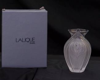 Another view of the vintage signed Lalique France frosted crystal Pavie bud vase, with original presentation box