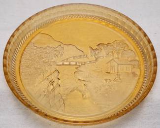 The Scene on the Tray from the Antique Amber EAPG Basketweave Pattern Water Set by the Flint Glass Company of Ohio, c. 1890.