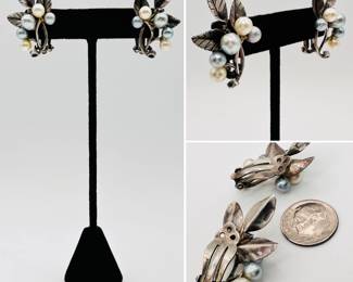 Another view of the Ming's Honolulu demi parure cultured pearl and sterling silver brooch and earrings set