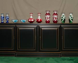 Lovely mid century black lacquer sideboard or buffet with gold trim.