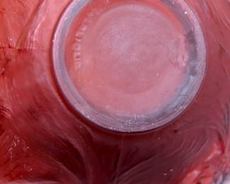 Closeup of the base of the signed 'Formose' Lalique glass vase by René Lalique circa 1924-1929. Spherical design features elegant koi fish intertwined upon its surface with an excellent tactile finish. Intaglio of R. LALIQUE and hand-inscribed 'R. Lalique France'. Lalique displayed a Formose vase during the 1925 Exposition – the work of René Lalique has been universally hailed as representing the most chic and sophisticated qualities of French Art Deco styles.