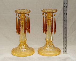 Antique yellow cut to clear Bohemian glass candlestick holders with amber glass prisms