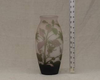 Signed Arsall cameo glass vase circa 1900, a graceful Art Nouveau design of budding and blooming flowers, sprouting and fallen leaves. Signed in cameo relief on a dark leaf lower side area, and has a model number hand etched on the underside near the polished pontil.