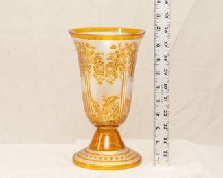 Art deco era amber cut to clear art glass vase with roses and lily of the valley floral motif
