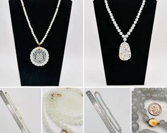 Two 14k yellow gold and Chinese jade bead necklaces with carved jade pendants