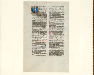 Closer view of the Framed illuminated manuscript - This leaf (14 x 22 cm) from the Latin Bible is written in double columns, 55 lines per page, in a black ink in a minute, precise Gothic bookhand, on thin, flawless ivory-colored uterine vellum. It was produced by the “Blanche atelier” in Paris, ca. 1220. Recto: page heading “CHAB II” Verso: page heading “INCIPIUM”