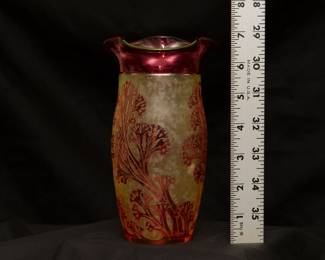 A beautiful French art glass by Val St. Lambert, circa 1897, acid etched cranberry cameo glass in delicate seaweed motif.