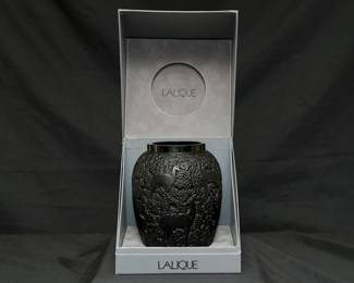 A signed Lalique France 'Biches' deer vase in black crystal glass, with original box